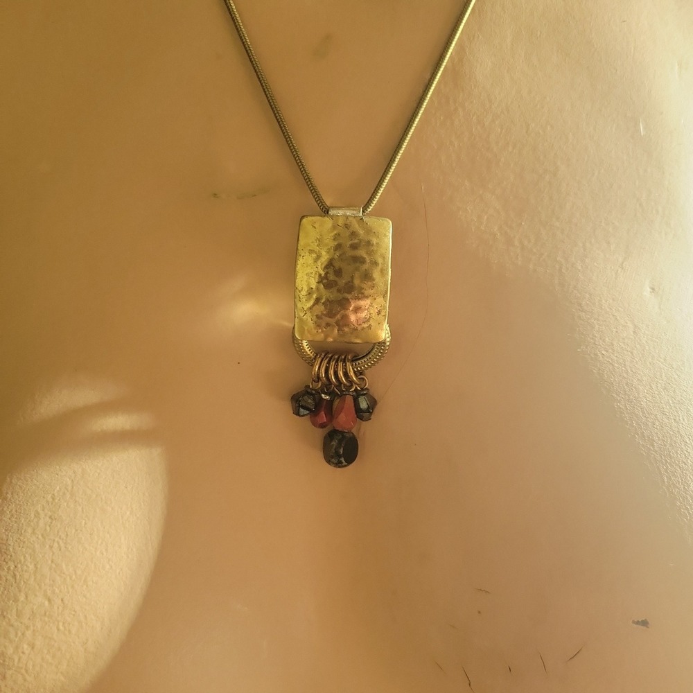 Marjorie Baer SF‎ Vintage Hammered Brass Beaded Pendant Necklace 16-19inches 90s